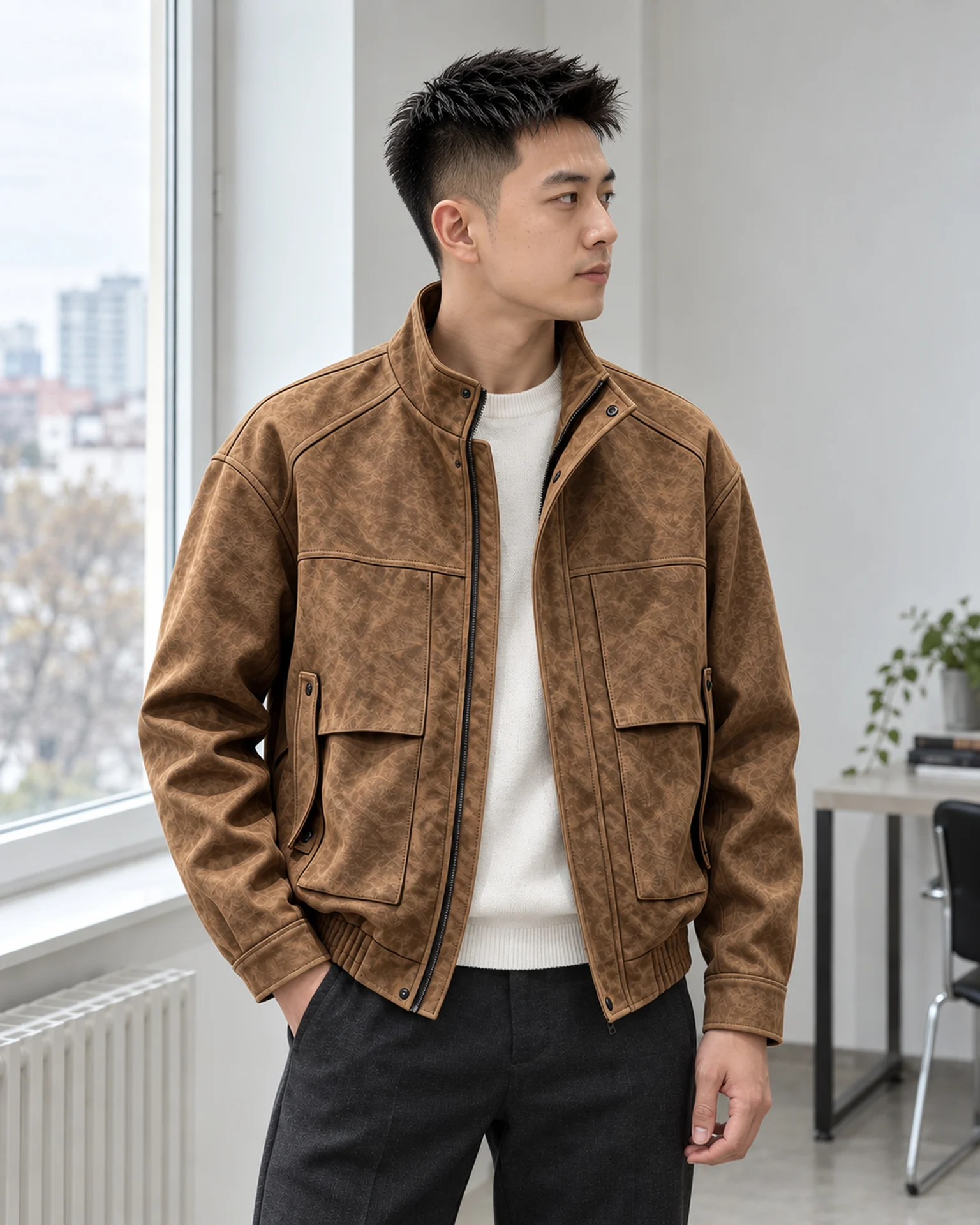 실내 창가의 브라운 재킷 착장