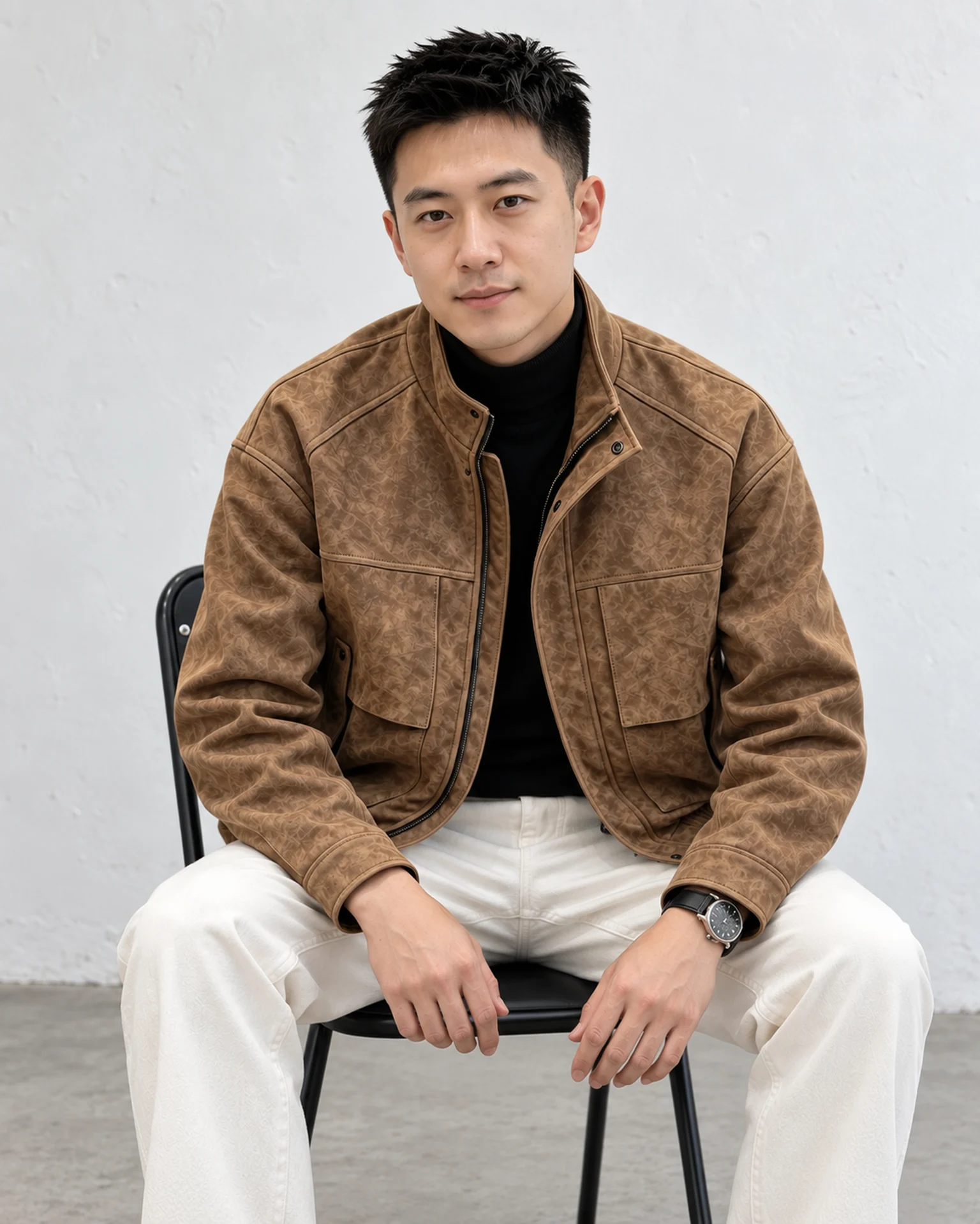 월넛 의자에 앉은 실내 착장