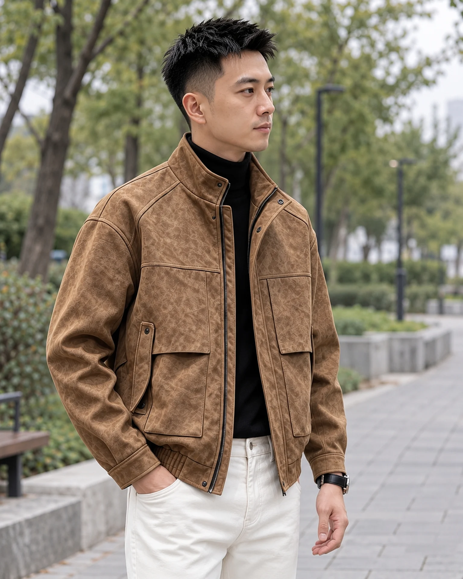 가을 오후 햇빛 아래의 야외 착장