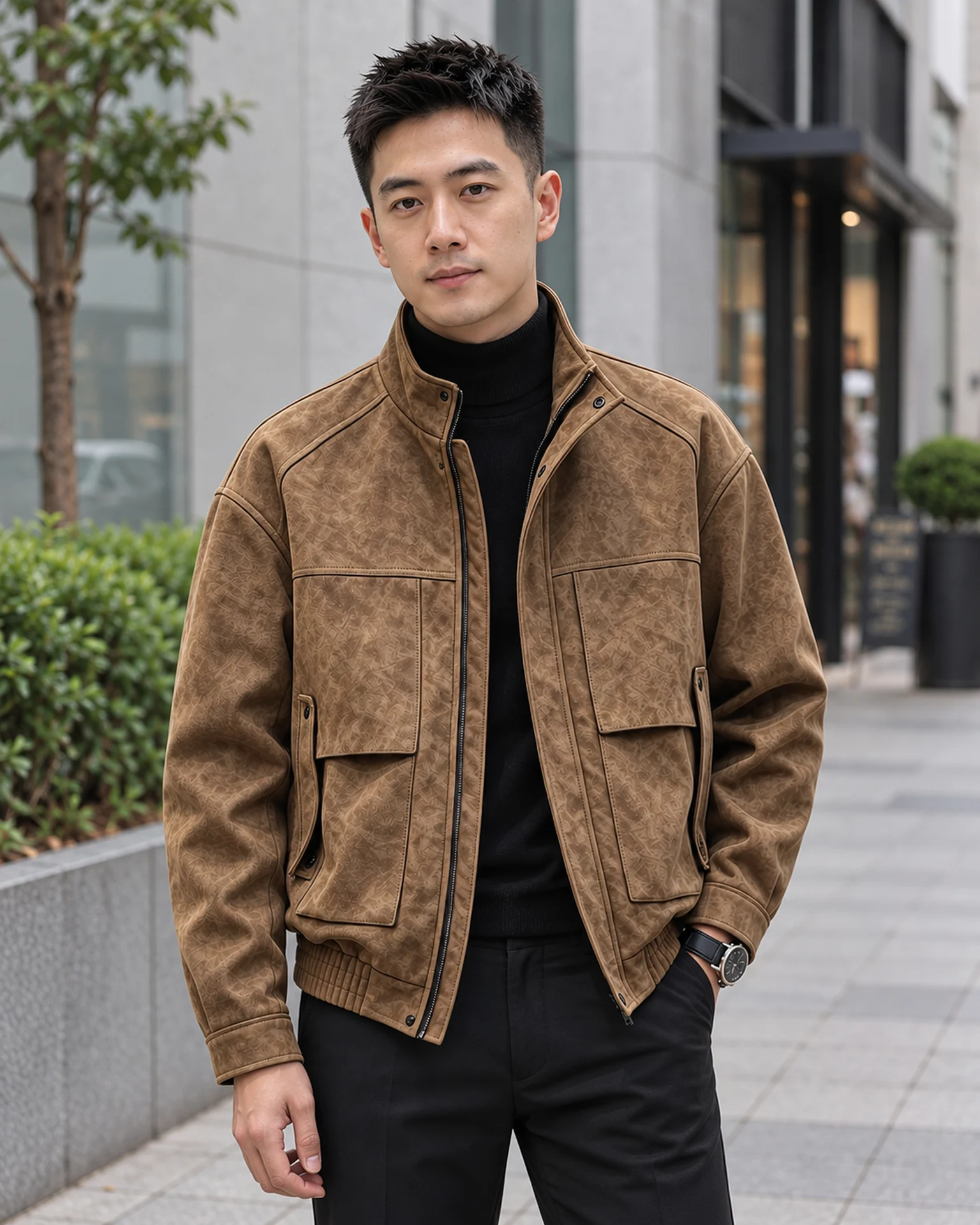 도시의 블루아워에 블랙 이너와 브라운 재킷을 매치한 착장